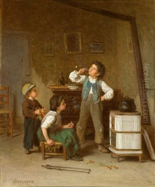 Das Reizende Genre Zeigt Zwei Buben Und Ein Madchen Beim Heimlichen Rauchen Einer Zigarette Bzw Oil Painting by Theophile Emmanuel Duverger