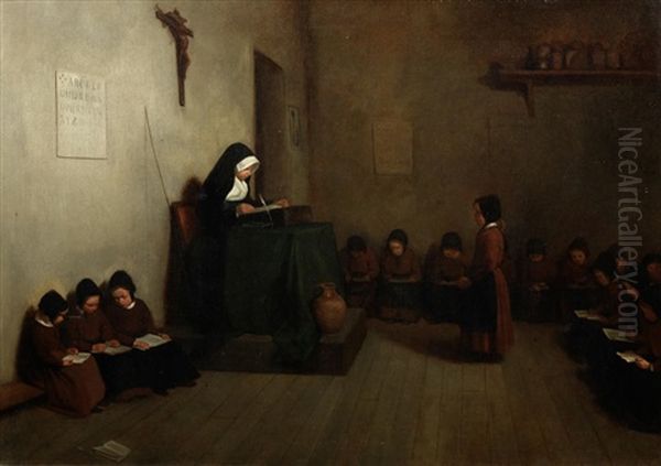 A Convent Classroom Oil Painting by Theophile Emmanuel Duverger