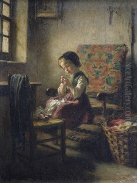 Interieur Mit Einem Kleinen Madchen Bei Der Handarbeit Oil Painting by Theophile Emmanuel Duverger