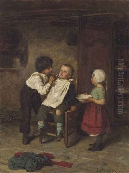 The First Shave Oil Painting by Theophile Emmanuel Duverger