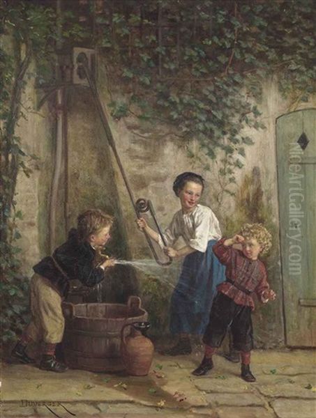 Playing At The Pump Oil Painting by Theophile Emmanuel Duverger