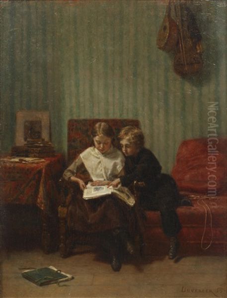 Two Children Reading In An Interior Oil Painting by Theophile Emmanuel Duverger