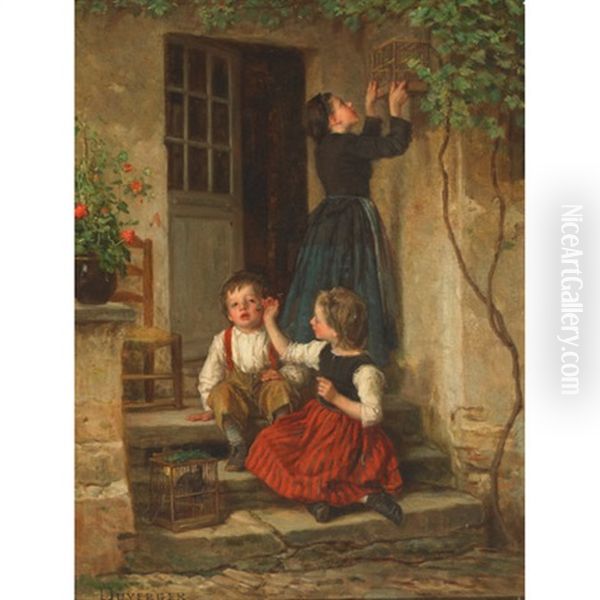 Chasing A Bee Off Brother's Cheek Oil Painting by Theophile Emmanuel Duverger