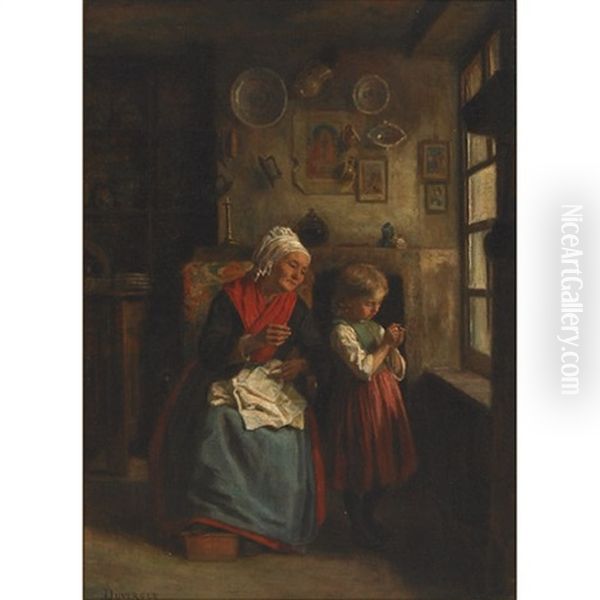 Threading Grandmother's Needle Oil Painting by Theophile Emmanuel Duverger