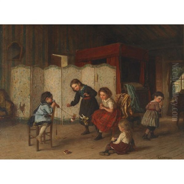 Young Children At Play Oil Painting by Theophile Emmanuel Duverger