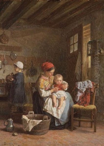 Family In A Sunlit Kitchen Oil Painting by Theophile Emmanuel Duverger