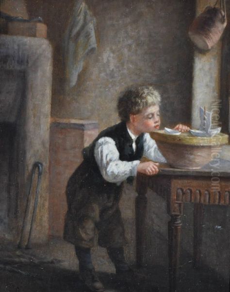 Boy Playing With Toy Boats In The Kitchen Oil Painting by Michel Arnoux