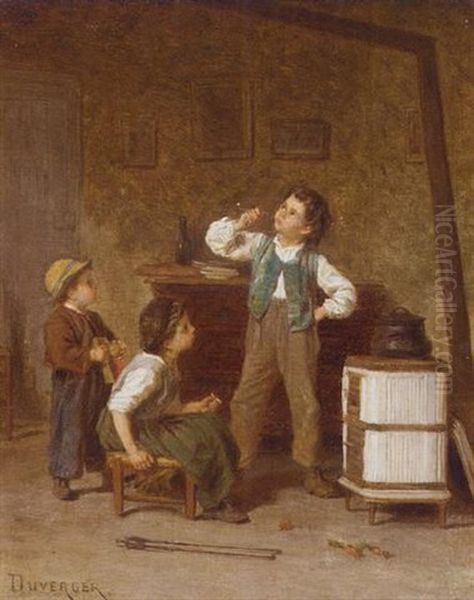 A First Smoke Oil Painting by Theophile Emmanuel Duverger