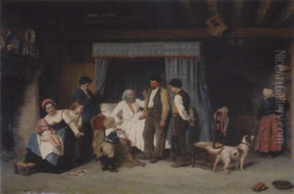 Familie Am Krankenbett Des Familienoberhauptes Oil Painting by Theophile Emmanuel Duverger