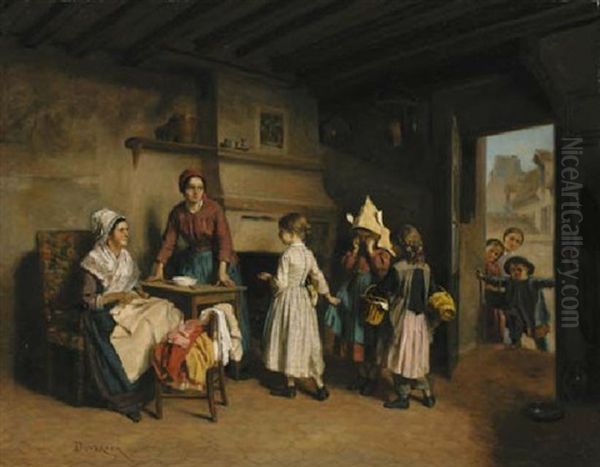 A Visit To Grandmother Oil Painting by Theophile Emmanuel Duverger