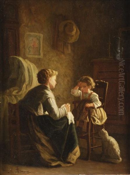 A Mother And Childin An Interior Oil Painting by Michel Arnoux