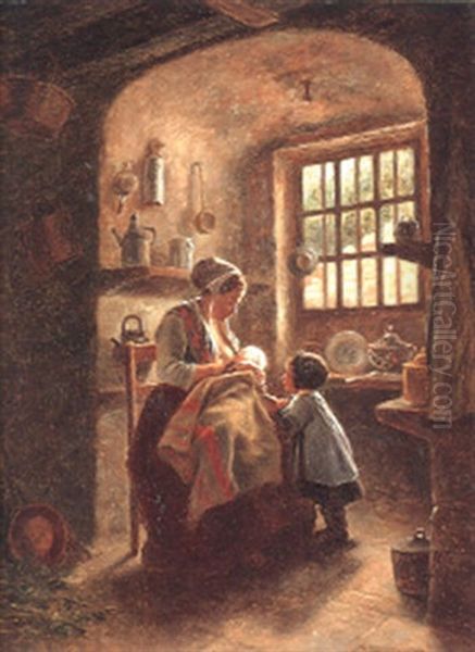 Mother With Her Children In An Interior Oil Painting by Theophile Emmanuel Duverger