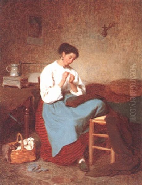 Young Woman Sewing In An Interior Oil Painting by Theophile Emmanuel Duverger