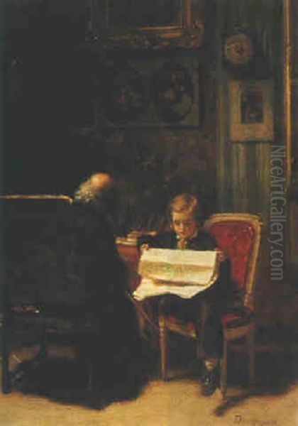 Reading To Grandfather Oil Painting by Theophile Emmanuel Duverger