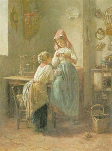 Girls With A Finch In A Kitchen Interior Oil Painting by Theophile Emmanuel Duverger