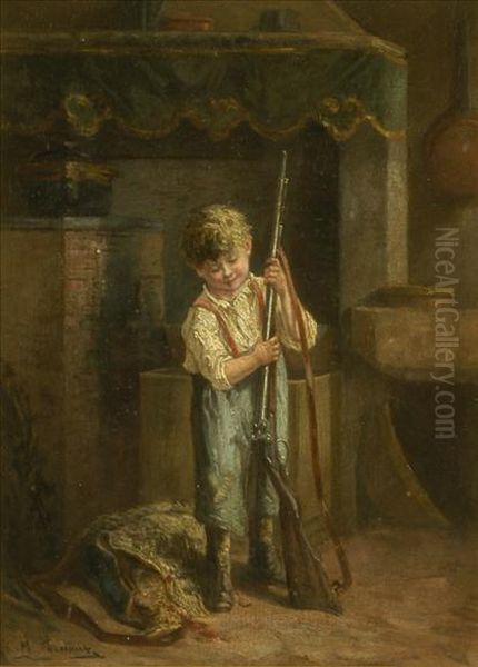 Father's Gun, Cottage Interior With The Day's Bag Oil Painting by Michel Arnoux