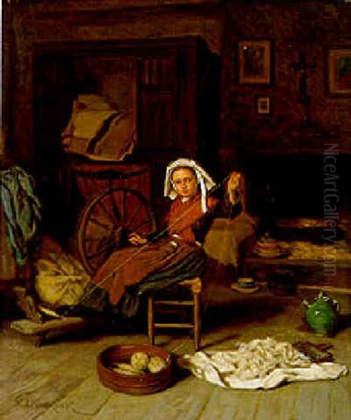 At The Spinning-wheel Oil Painting by Theophile Emmanuel Duverger