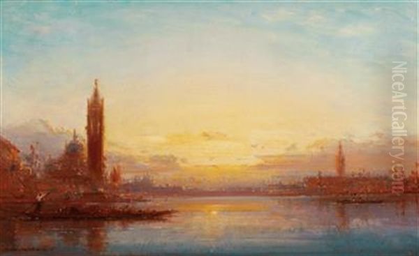 Venetian Scene At Sunset Oil Painting by Henri Duvieux