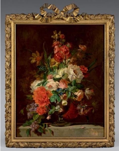 Bouquet De Fleurs Dans Un Vase Sur Un Entablement (2 Works) Oil Painting by Henri Duvieux