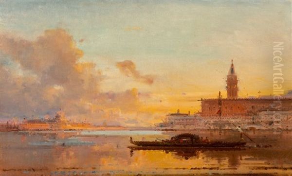 A View Of The Doge's Palace At Sunset Oil Painting by Henri Duvieux