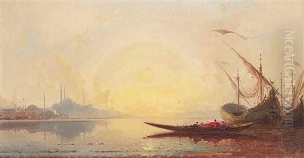 Sailing Boats On The Golden Horn, Constantinople Oil Painting by Henri Duvieux