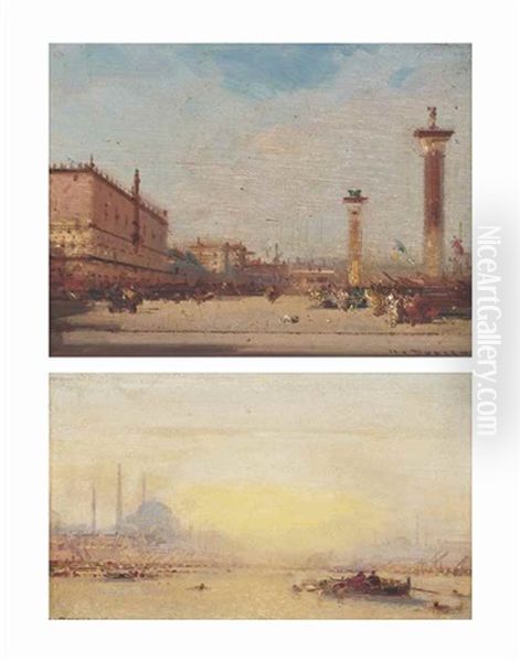 St. Mark's Square, Venice; And Constantinople (2 Works) Oil Painting by Henri Duvieux