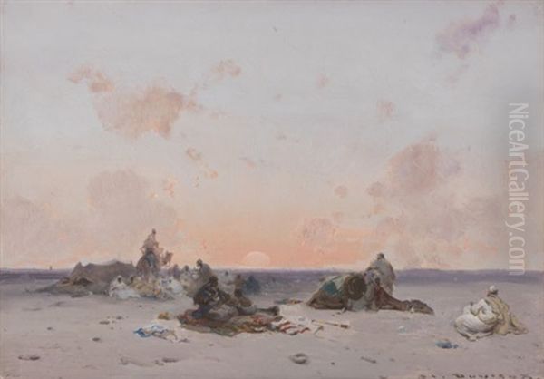 Sonnenuntergang In Der Wuste Uber Einem Beduinenlager Oil Painting by Henri Duvieux