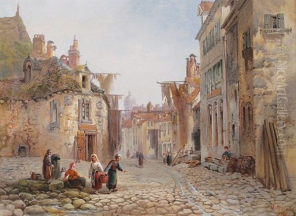 Continental Street Scene Oil Painting by Henri Duvieux