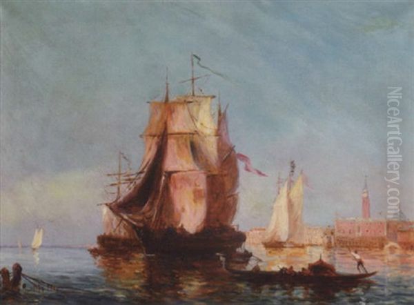 A View Of The Grand Canal With Shipping In The Foreground Oil Painting by Henri Duvieux