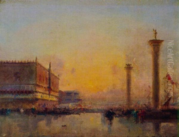 Piazzetta Di San Marco Mit Dogenpalast Bei Sonnenuntergang Oil Painting by Henri Duvieux