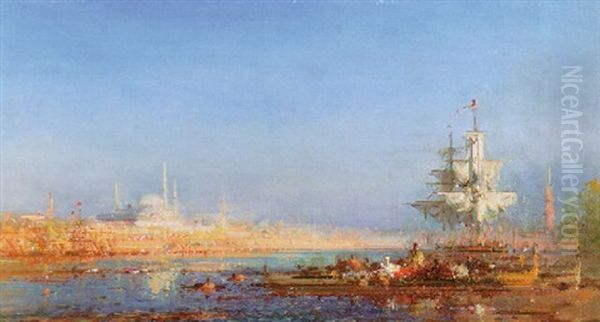 A View Across The Golden Horn To The Suleimaniye Mosque Oil Painting by Henri Duvieux