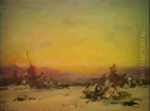 Halte De La Caravane Dans Le Desert Oil Painting by Henri Duvieux