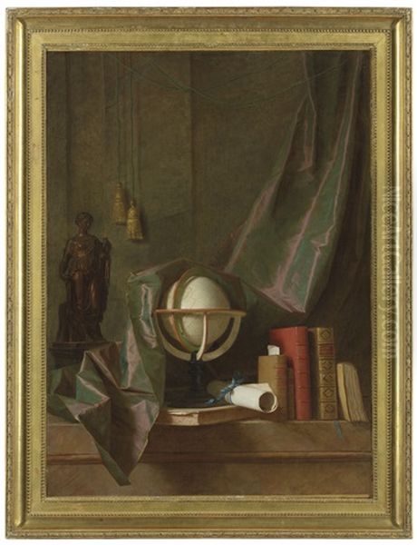 A Globe, Books And Statuette On A Ledge In An Interior, Veiled By A Curtain Oil Painting by Thomas Germain Joseph Duvivier