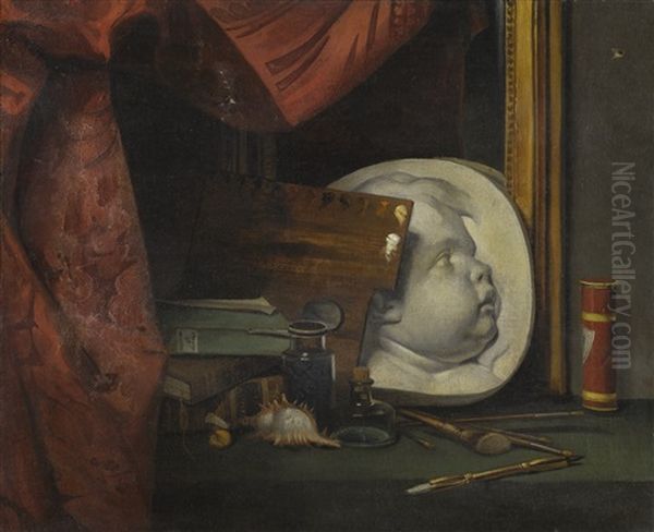 Still Life With A Boy's Head In Plaster Relief, Along With An Artist's Palette, Paintbrushes And A Shell, All On A Draped Table Before A Mirror Oil Painting by Thomas Germain Joseph Duvivier