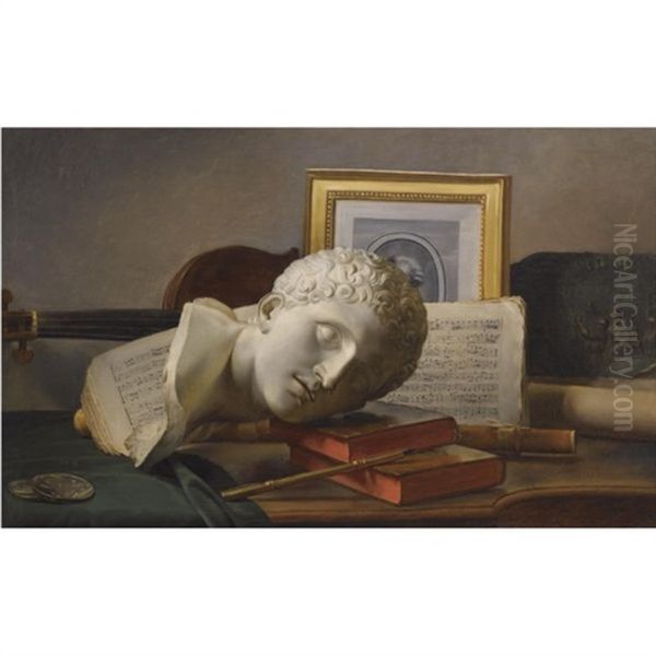 Still Life With A Musical Score, A Marble Bust, A Guitar, Books And A Portrait Engraving Oil Painting by Thomas Germain Joseph Duvivier