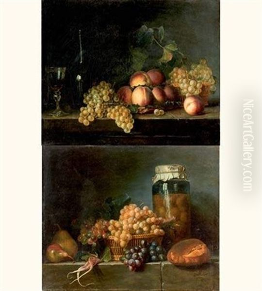 Nature Morte Aux Peches, Raisins Et Verre De Vin Sur Un Entablement De Pierre (+ Nature Morte Aux Raisins, Radis, Poires Et Bocal D Abricots Sur Un Entablement; Pair) Oil Painting by Thomas Germain Joseph Duvivier