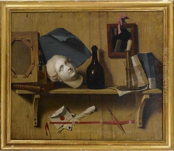 A Still Life With A Plaster Head, A Bottle, A Candle And Several Other Objects On A Wooden Shelf Oil Painting by Thomas Germain Joseph Duvivier