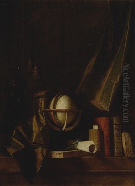 Nature Morte A La Statuette De Bronze, Sphere Et Livres Devant Un Rideau Oil Painting by Thomas Germain Joseph Duvivier