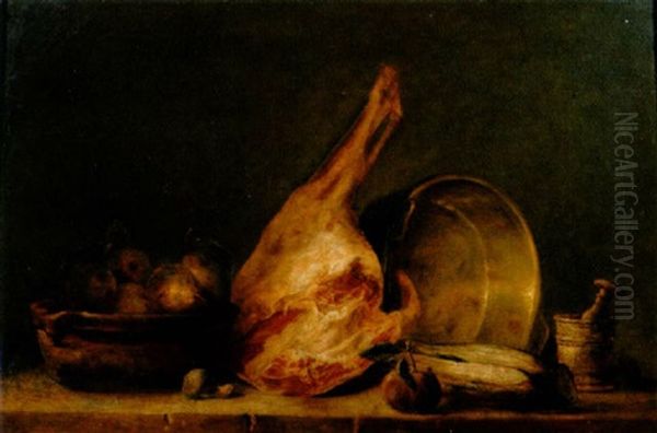 Des Poires Dans Un Bol, Un Jambon, Une Bassine En Cuivre Et Un Mortier Sur Un Rebord Oil Painting by Thomas Germain Joseph Duvivier