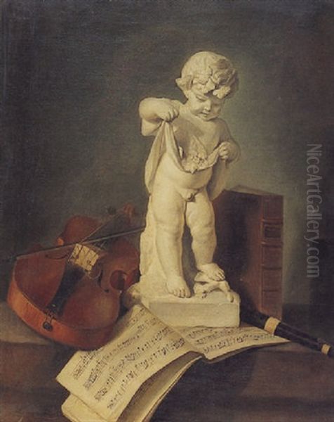 Still Life Of A Marble Statue Of Bacchus, A Violin, A Flute, Sheet Music, And A Book All Resting On The Ledge Oil Painting by Thomas Germain Joseph Duvivier