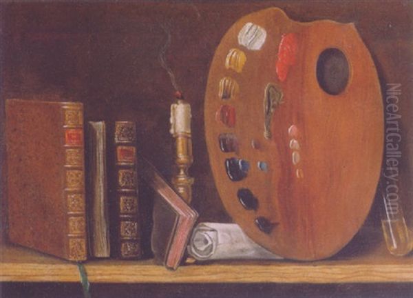 A Trompe L'oeil Books: A Sniffed Candle,  Document And A Painter's Pallet On A Wooden Ledge Oil Painting by Thomas Germain Joseph Duvivier