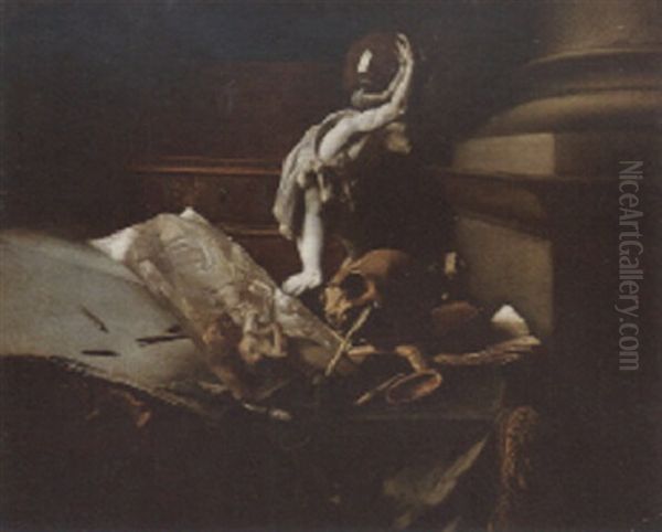 A Vanitas: A Skull, A Drawing, A Quill, An Inkpot, And A Statue Of Atlas On A Table Oil Painting by Thomas Germain Joseph Duvivier