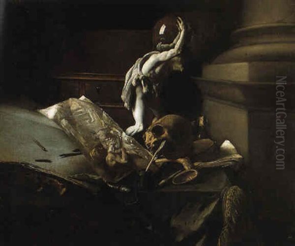 Vanitas Still Life Of A Skull, Quill, Inkpot And Statue Of Atlas On A Table Oil Painting by Thomas Germain Joseph Duvivier