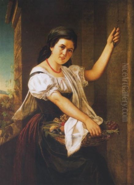 Fiatal No Gyumolcskosarral (young Woman With Fruit Basket) Oil Painting by Sigmund Dux