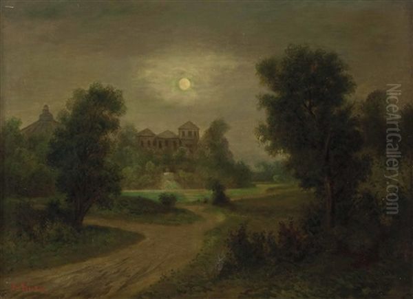 Landschaft Mit Vollmond Uber Schlossartigem Gebaude Oil Painting by Alois Duxa