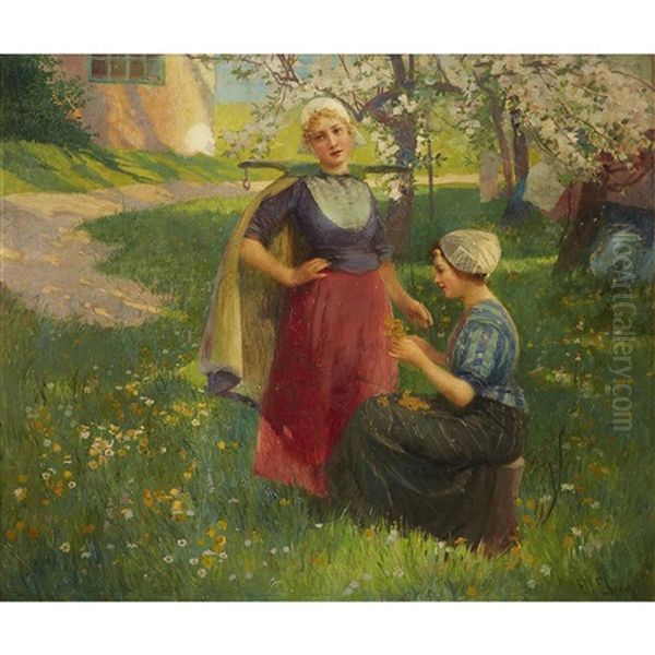 Two Women In A Field Oil Painting by Carl Duxa