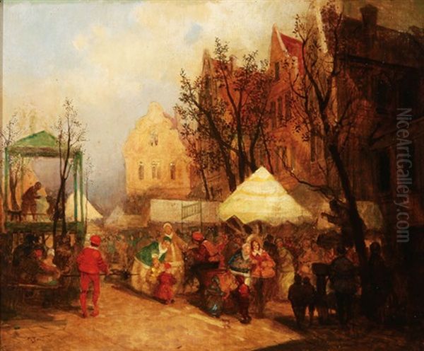 An Old Market Scene Oil Painting by Carl Duxa