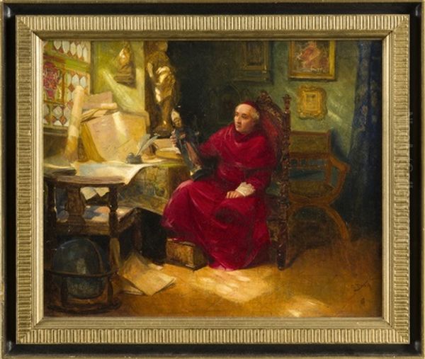 Kardinal In Seinem Arbeitszimmer, Mit Einer Bischofsplastik Auf Dem Knie Sitzt Der Geistliche Vor Einem Tisch Mit Zahlreichen Buchern Und Schriftrollen, Zu Seinen Fusen Ein Globus Oil Painting by Carl Duxa