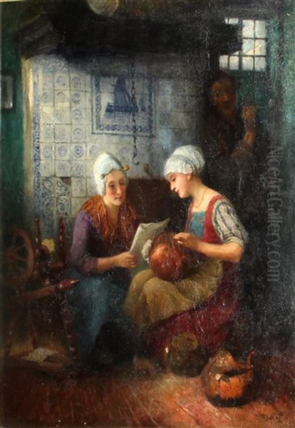 A Kitchen Interior With Three Figures Oil Painting by Carl Duxa