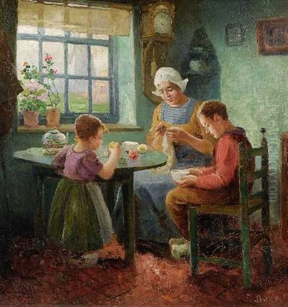 Junge Mutter Mit Zwei Kindern Am Tisch Oil Painting by Carl Duxa